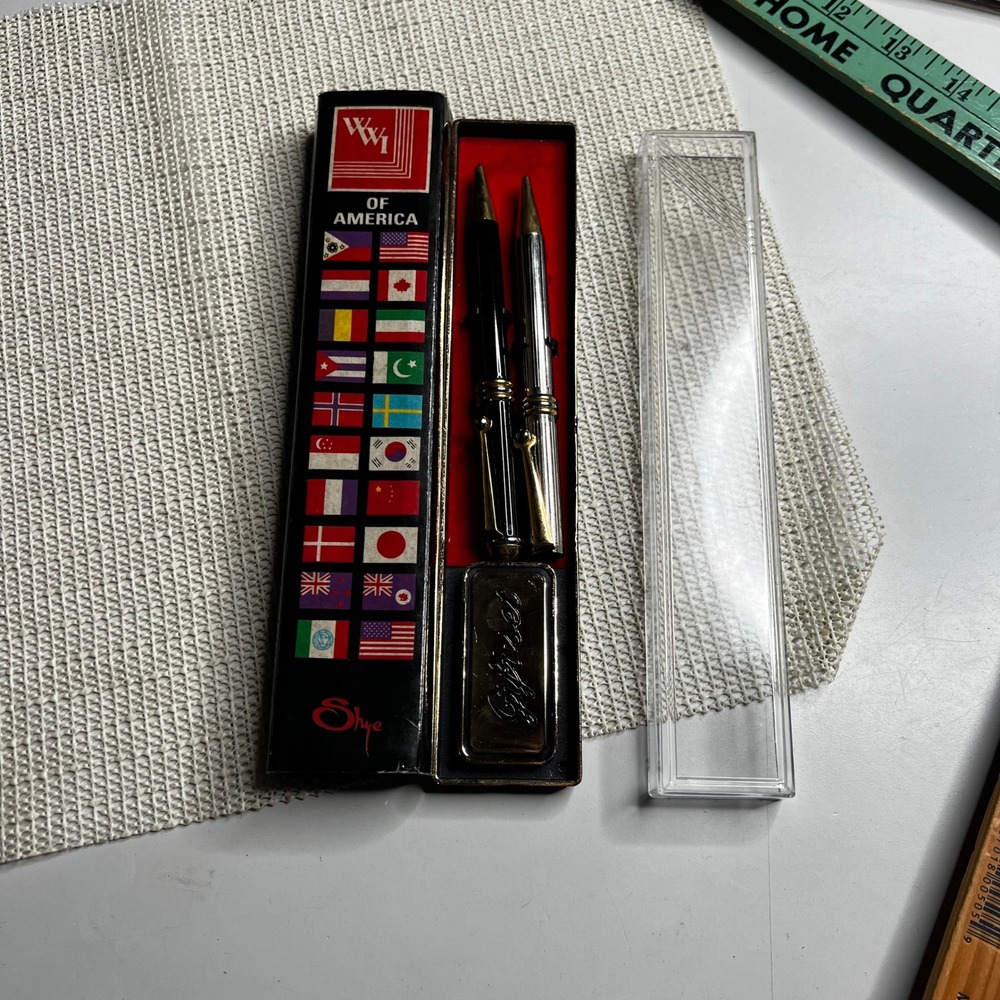 Vintage Shye AI-004 Pen Gift Set WWI of America Black Silver Gold Tone Made